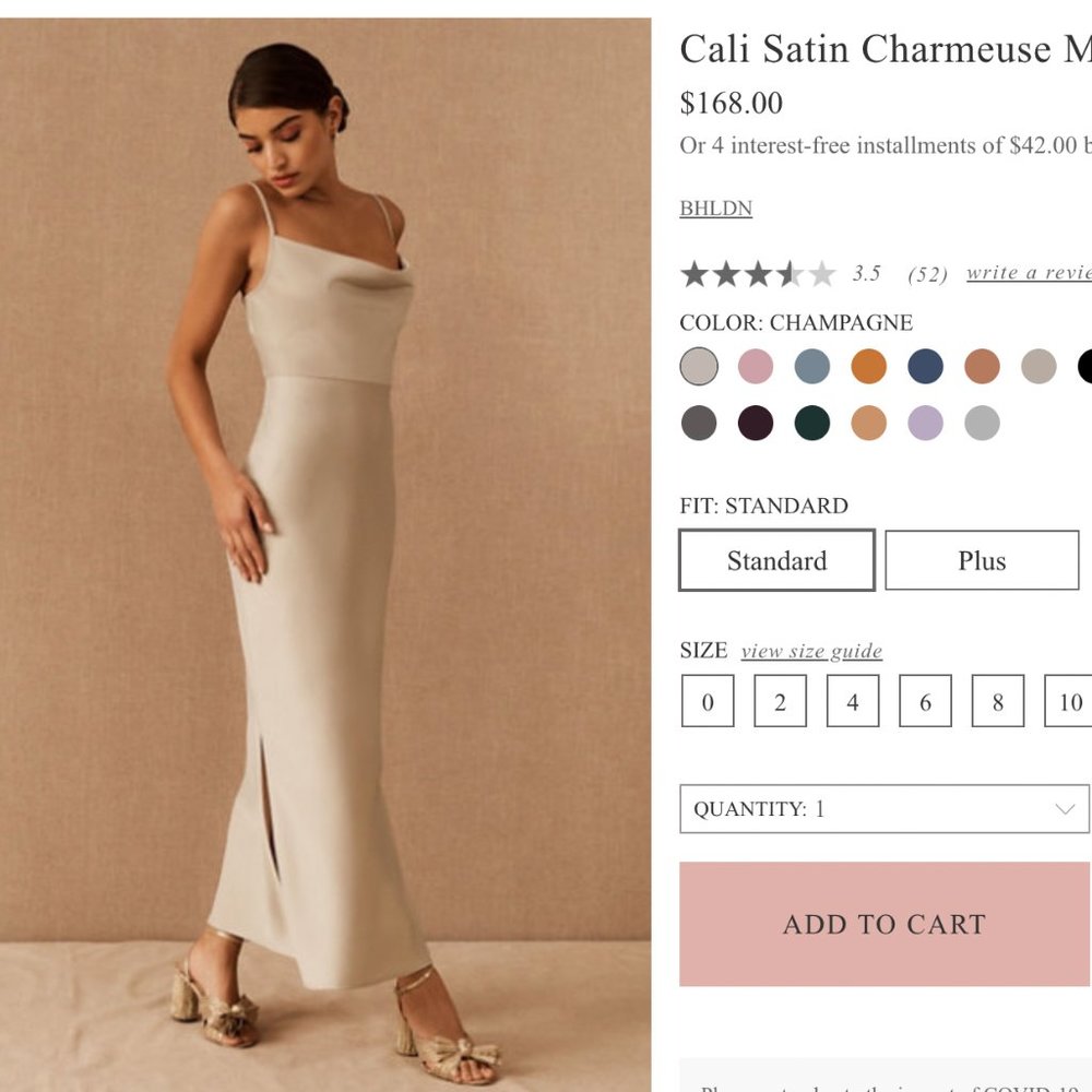 Cali Satin Charmeuse Midi Dress BHLDN Bridesmaid Dress Size 0